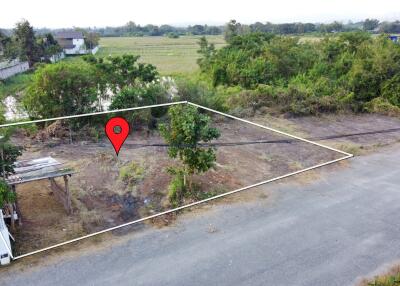 A vacant land plot with a marked location, surrounded by greenery and adjacent to a road