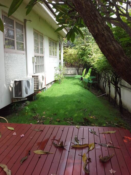 Backyard with green lawn and deck area