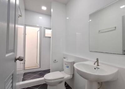 Modern white bathroom with sink, toilet, and shower