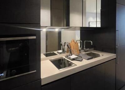 Modern kitchen with sleek dark cabinetry and built-in appliances