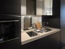 Modern kitchen with sleek dark cabinetry and built-in appliances