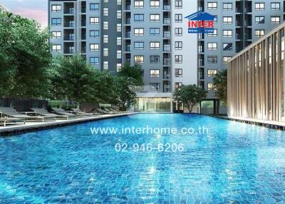 Outdoor swimming pool area with apartment building in the background