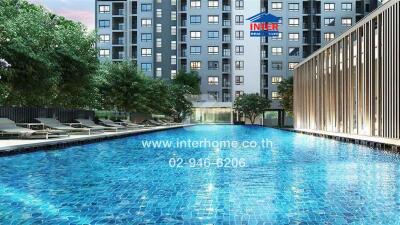 Outdoor swimming pool area with apartment building in the background