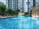 Outdoor swimming pool area with apartment building in the background