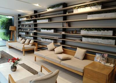 modern living room with minimalist design and built-in shelving