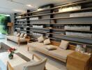 modern living room with minimalist design and built-in shelving