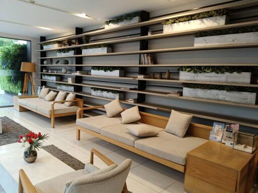 modern living room with minimalist design and built-in shelving