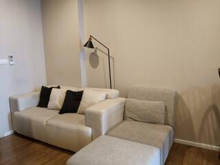 Living room with a modern couch and floor lamp