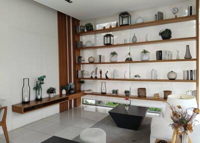 Modern living room with decorative shelving