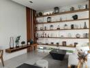 Modern living room with decorative shelving