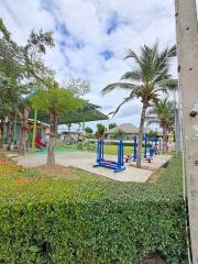 Outdoor fitness area with exercise equipment