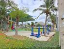 Outdoor fitness area with exercise equipment