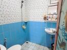 Small bathroom with blue tiles, toilet, sink, and shower