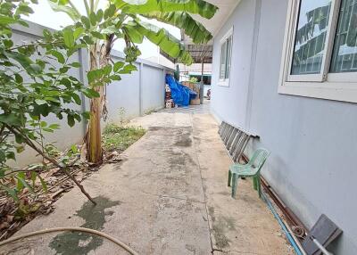 Narrow concrete walkway beside a house with plants and utility items