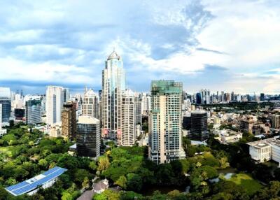 Aerial view of a city with many skyscrapers and green spaces