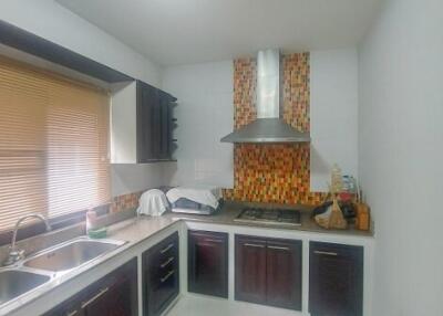 Modern kitchen with dark wood cabinets and mosaic tile backsplash