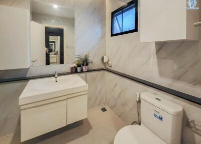 Modern bathroom with a vanity, toilet, and decorative plants