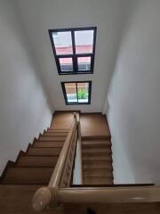 Interior view of a wooden staircase with a skylight