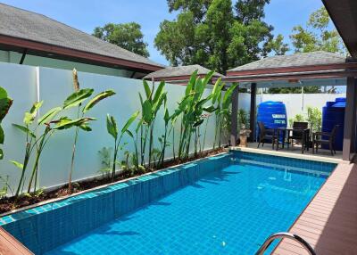 Outdoor swimming pool with surrounding greenery and seating area