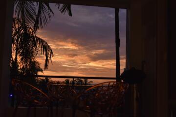 Sunset view from balcony with palm trees