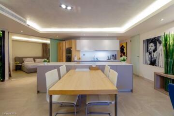 Modern kitchen and dining area with contemporary decor