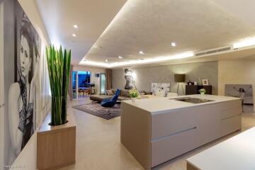 Modern living area with kitchen island and contemporary decor