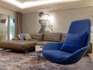 Modern living room with mural, blue armchair, and brown sectional sofa