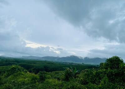 Scenic view of lush green landscape and mountains under a cloudy sky