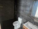 Modern bathroom with dark tiles