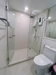 Modern bathroom with glass shower enclosure