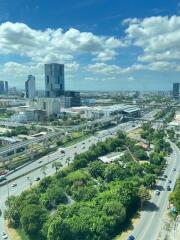 Aerial view of cityscape with roads and buildings