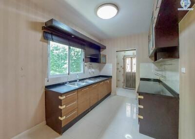 Modern kitchen with wooden cabinets and large window