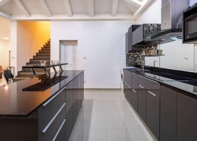 Modern kitchen with dark cabinets and large island