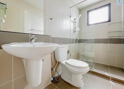 Modern bathroom with sink, toilet, and walk-in shower