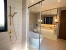 Modern bathroom with freestanding tub and glass-enclosed shower