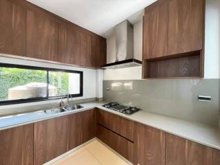 Modern kitchen with wooden cabinets and built-in appliances