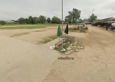 Outdoor area with open field and some umbrellas