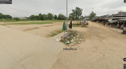 Outdoor area with open field and some umbrellas