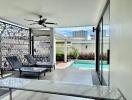 Covered patio with pool view