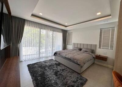 Modern and spacious bedroom with large windows and elegant decor