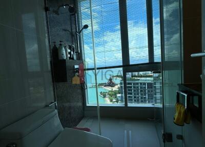 Modern bathroom with large window view