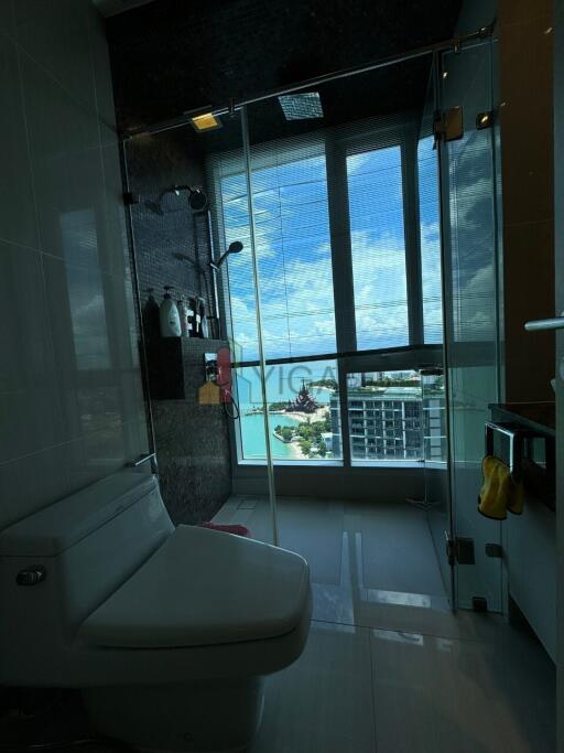 Modern bathroom with large window view