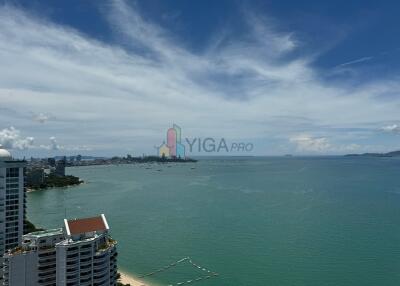 View of a coastal city with high-rise buildings and ocean