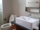 Modern bathroom with a square white sink and toilet