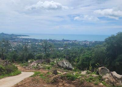 Scenic view of a hilly area overlooking a town and the ocean