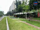 Outdoor garden area with green lawn and trees alongside a tall apartment building