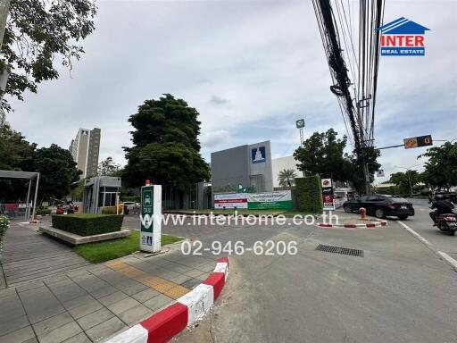 Street view with commercial buildings and greenery