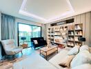 Modern living room with large window, shelves, and comfortable seating