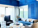 Spacious and modern living room with blue accents