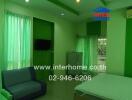 Bedroom with green decor including double bed, sofa, curtains, air conditioner, and television.